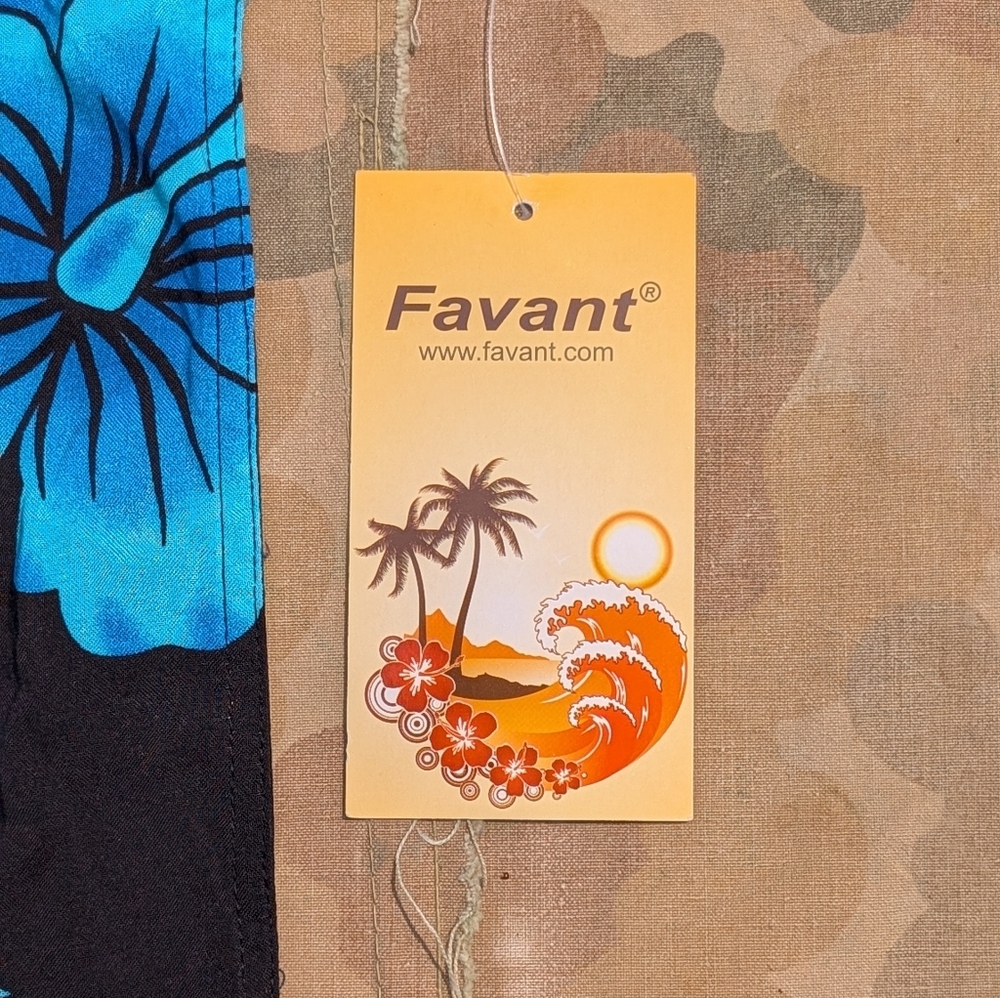 NWT Favant Rayon Hawaiian Hibiscus Button Up Shirt Never Worn Black Blu Sz L - Picture 5 of 11